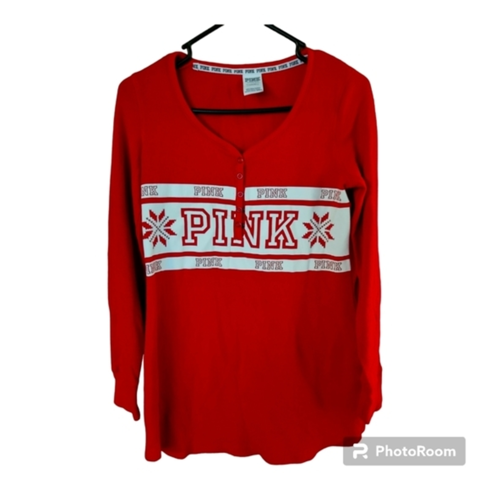 PINK Victoria's Secret Red Holiday LS Cotton Nightgown Shirt Henley Snap Snow Sm